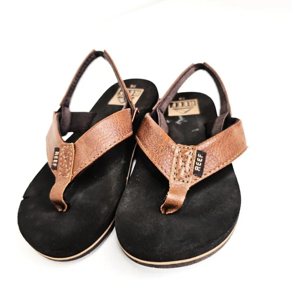 REEF boys Little Twinpin Flip-Flop Brown Leather Sling Back